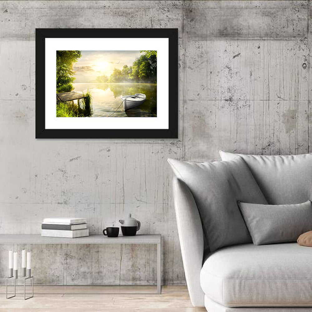 Rowboat at Misty Dock Wall Art in a room, landscape