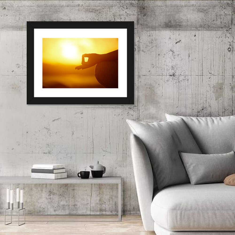 Lotus Pose on Beach at Sunset Wall Art in a room, landscape