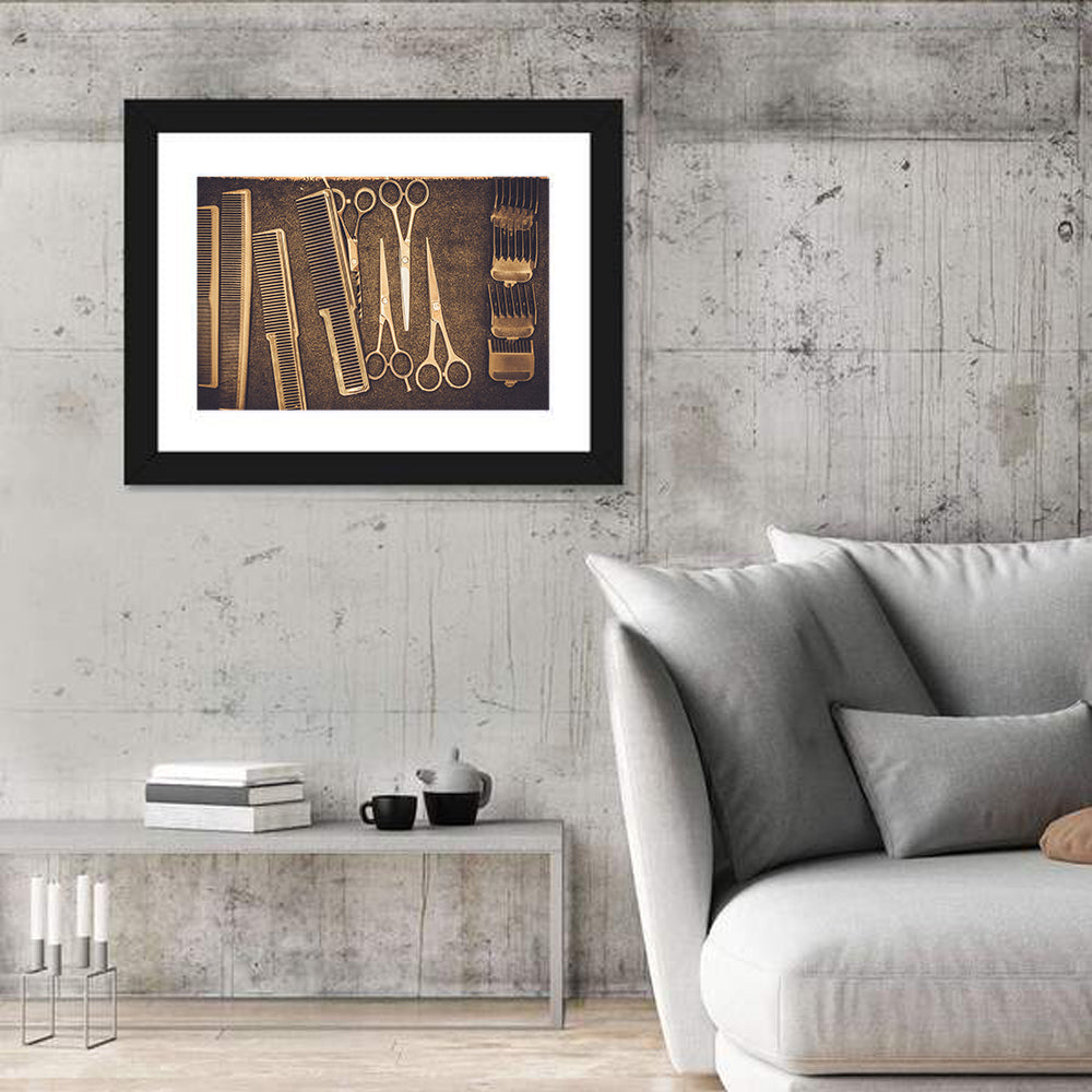 Barber Tools Flat Lay Wall Art in a room, landscape