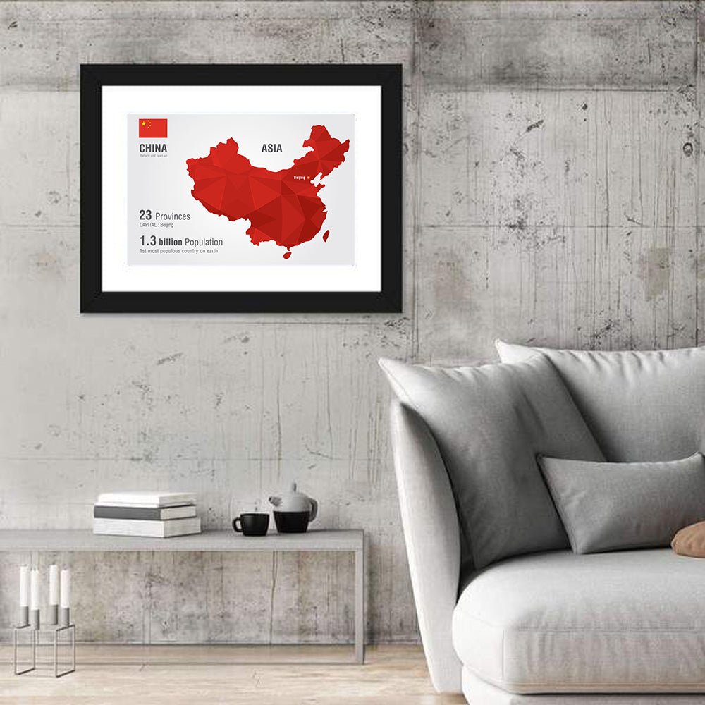 Geometric China Map Infographic Wall Art in a room, landscape