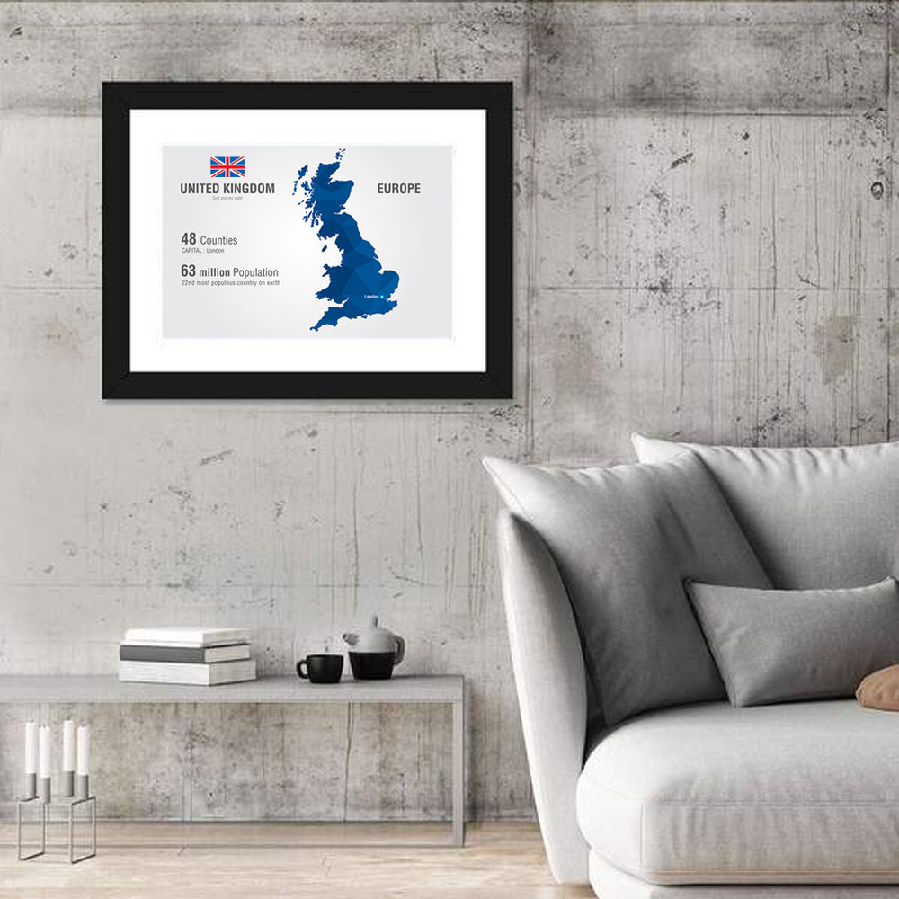 Polygonal United Kingdom Map Wall Art in a room, landscape