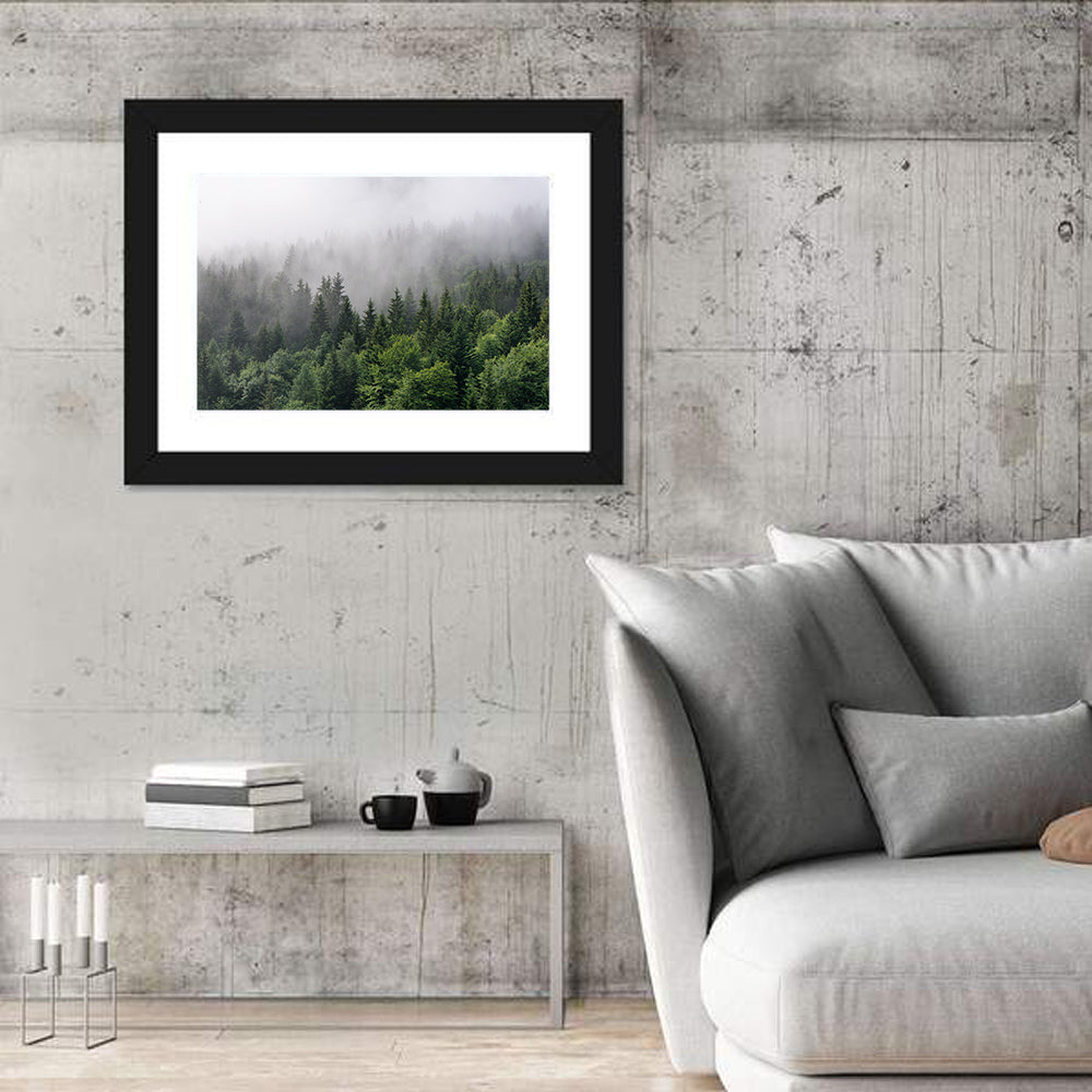 Misty Evergreen Forest Overview Wall Art in a room, landscape