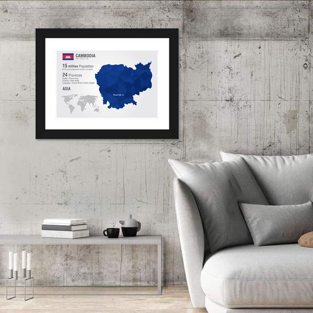 Cambodia Geometric Map Wall Art in a room, landscape