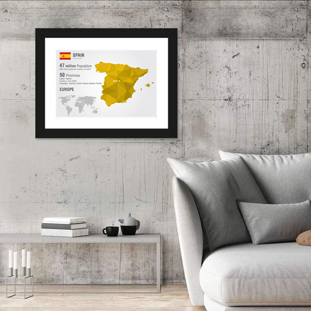 Geometric Spain Map Infographic Wall Art in a room, landscape