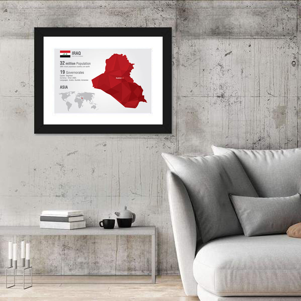 Iraq Low-poly Map Wall Art in a room, landscape