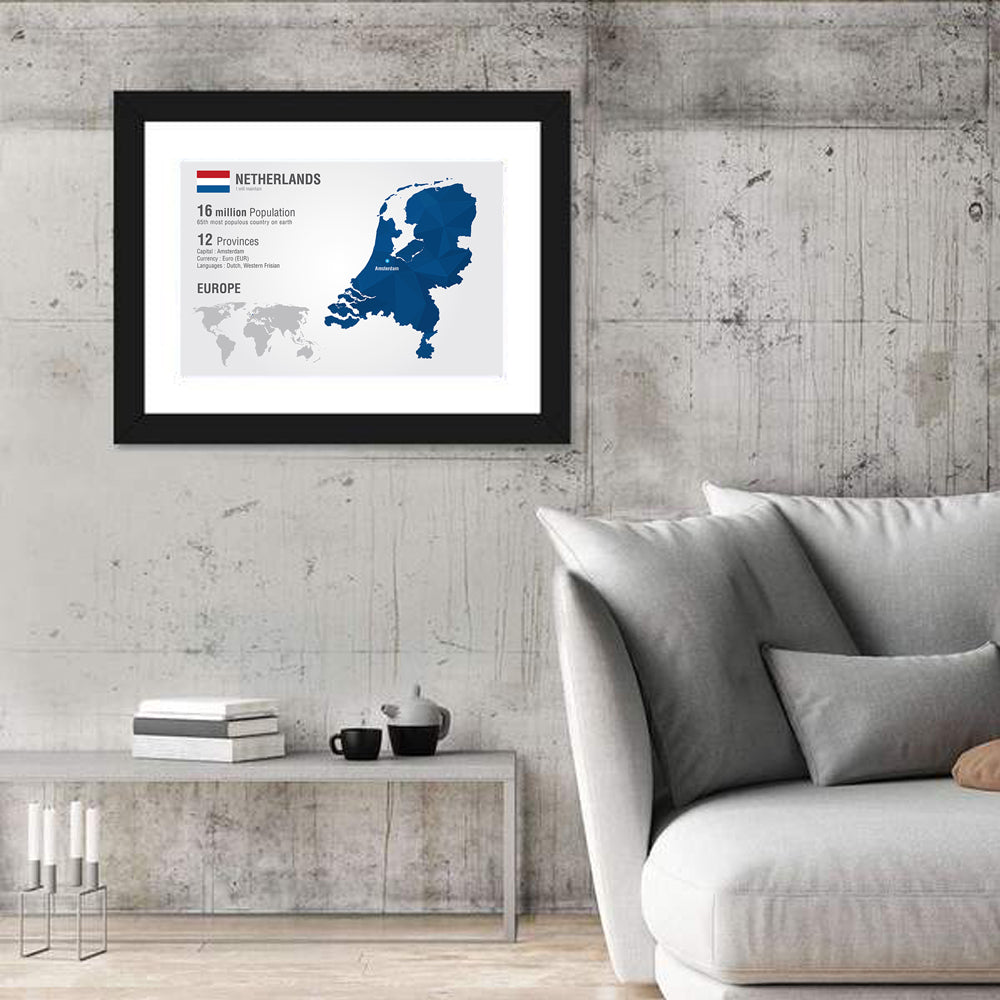 Netherlands Geometric Map Wall Art in a room, landscape