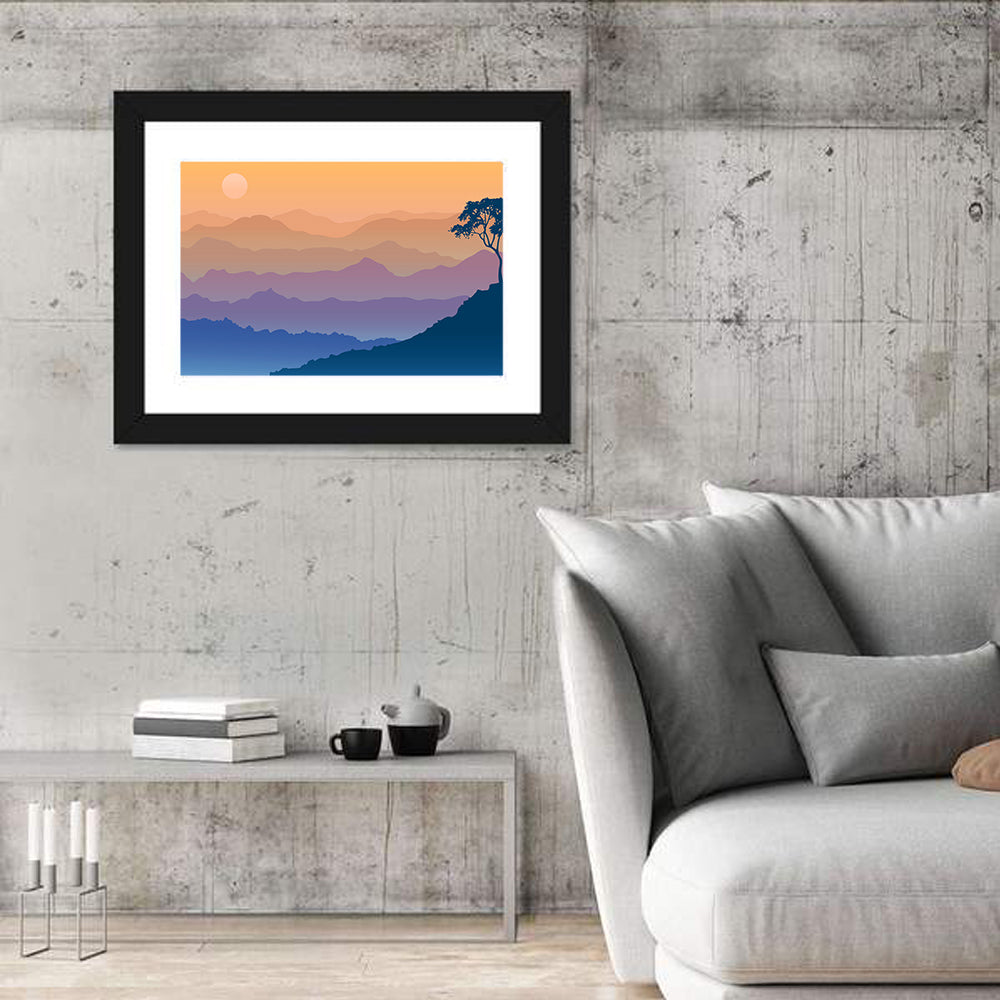 Layered Mountain Sunrise with Tree Silhouette Wall Art