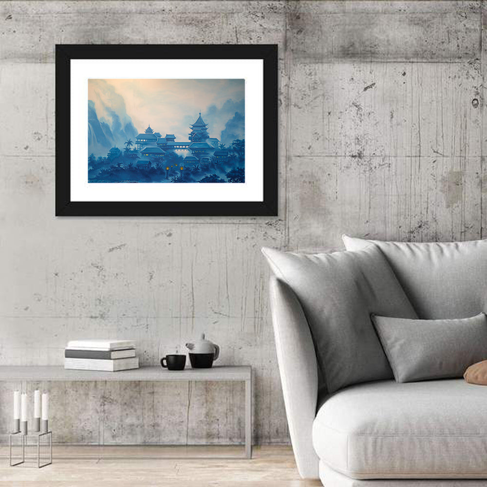 Misty Chinese Mountain Temple Wall Art in a room, landscape