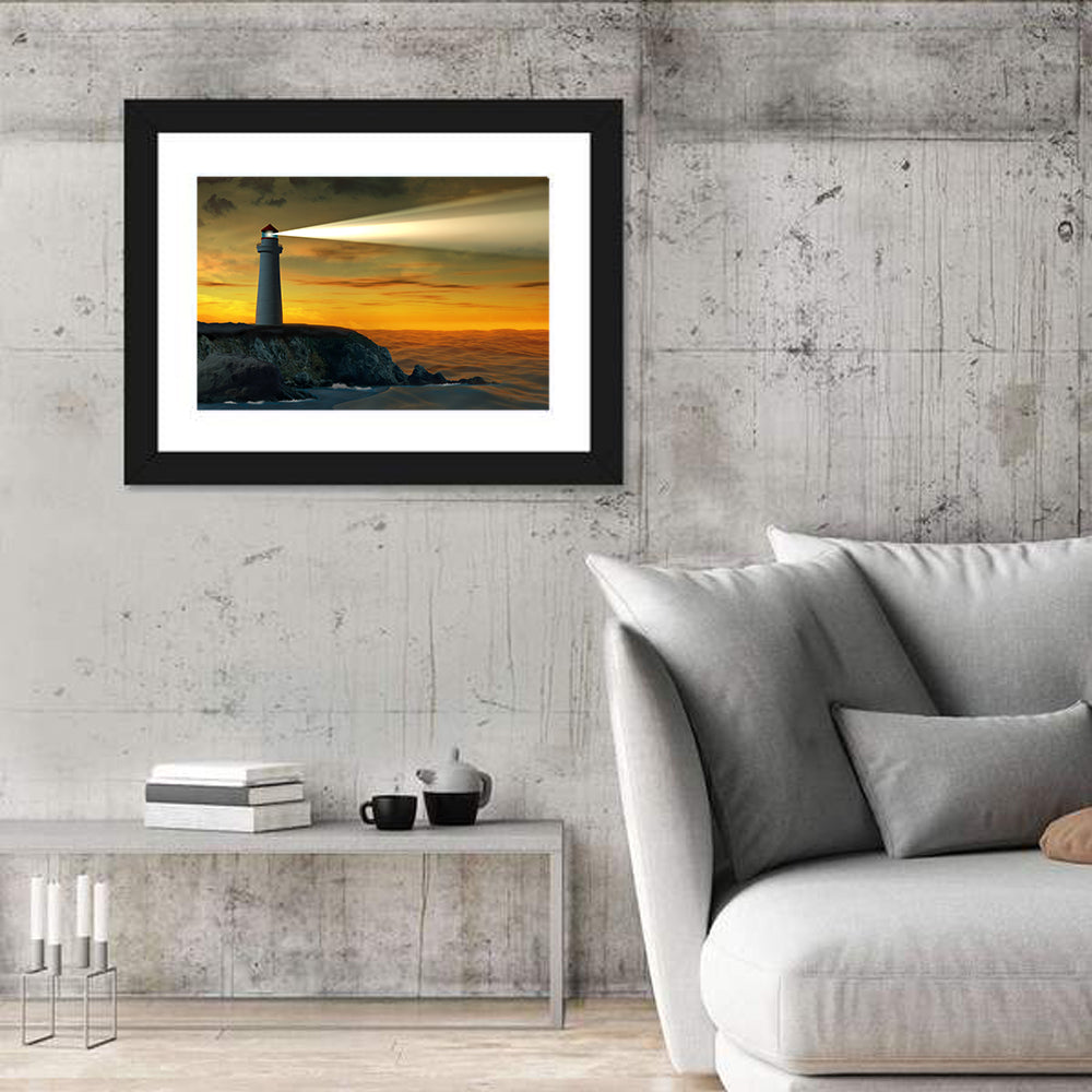 Solitary Lighthouse at Sunset Wall Art in a room, landscape