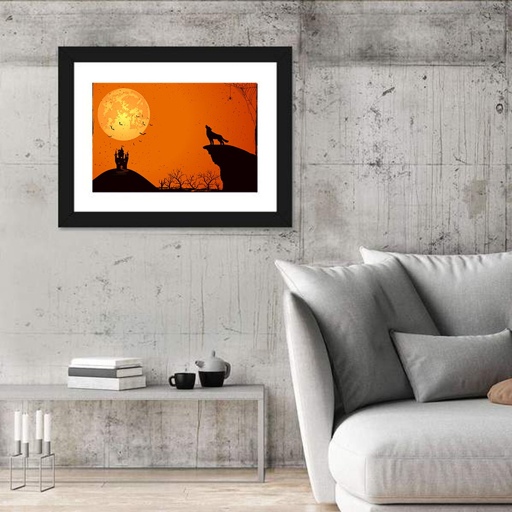 Howling Wolf Under Full Moon Wall Art in a room, landscape