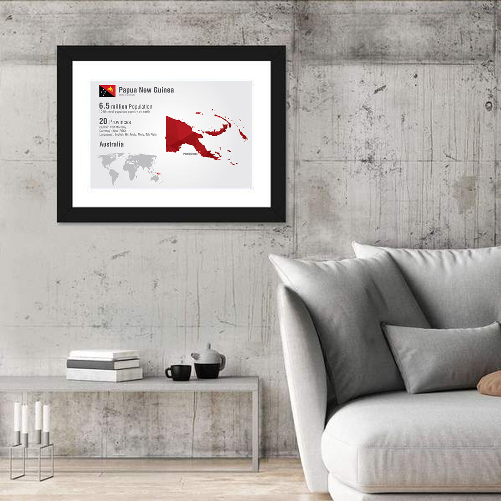 Papua New Guinea Map Infographic Wall Art in a room, landscape