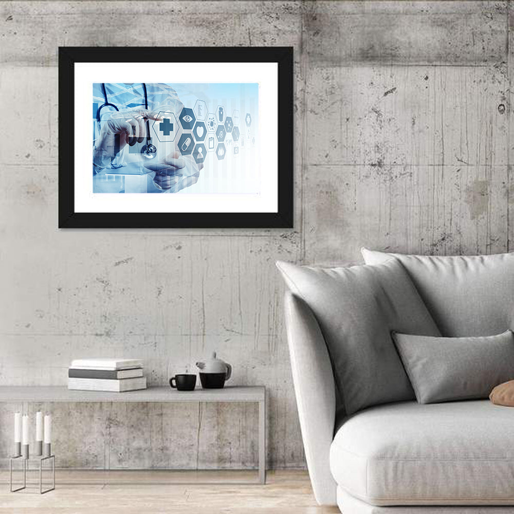 Doctor Double Exposure with Medical Icons Wall Art in a room, landscape