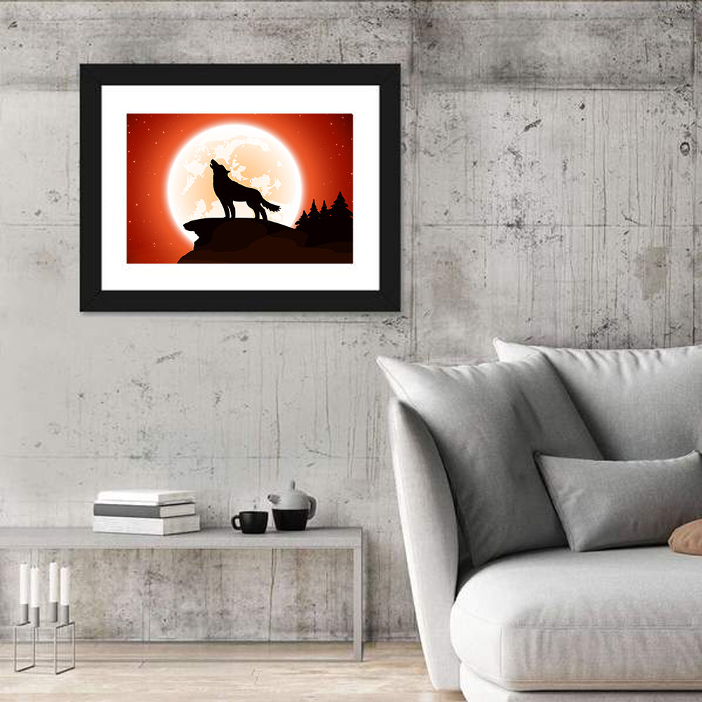 Howling Wolf Under Full Moon Wall Art in a room, landscape