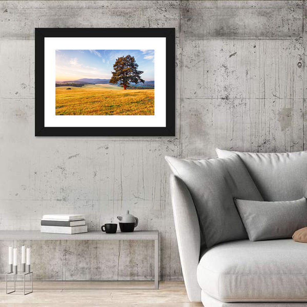 Golden Hour Meadow with Lone Tree Wall Art in a room, landscape