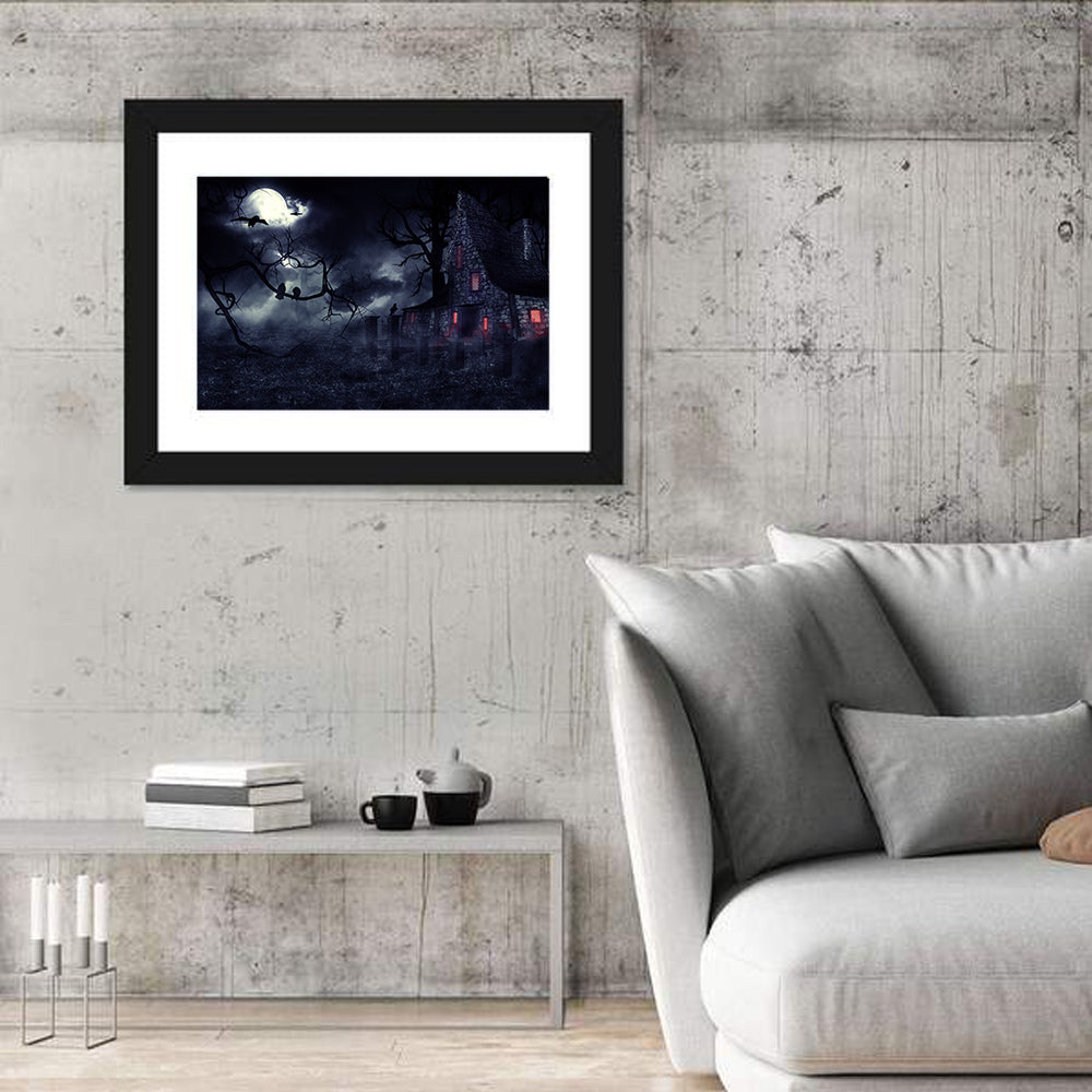 Haunted House Under Full Moon Wall Art in a room, landscape
