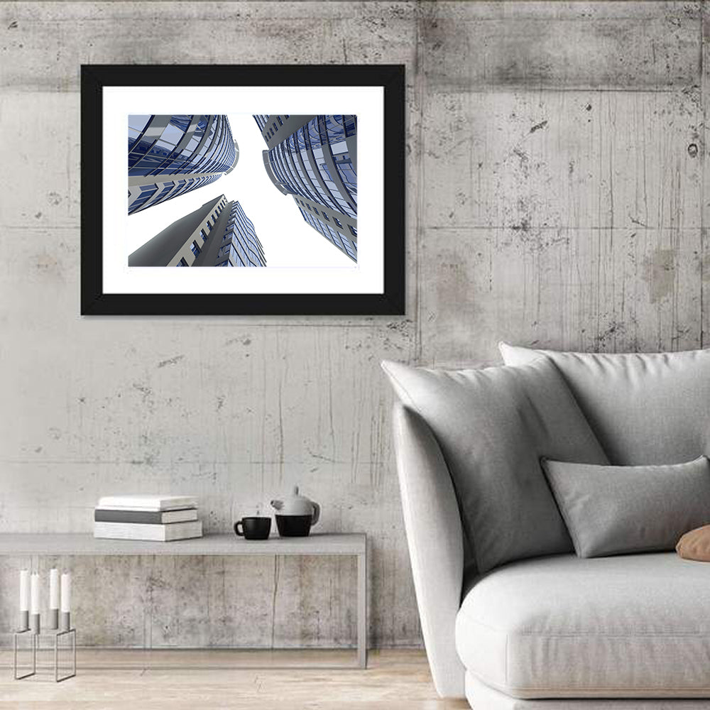 Blue Glass Skyscrapers Wall Art in a room, landscape