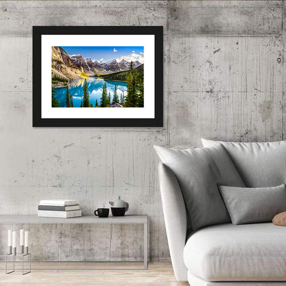 Moraine Lake Reflection Wall Art in a room, landscape