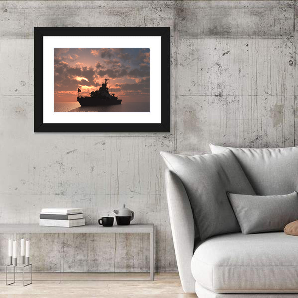 Warship Silhouette at Sunset Wall Art
