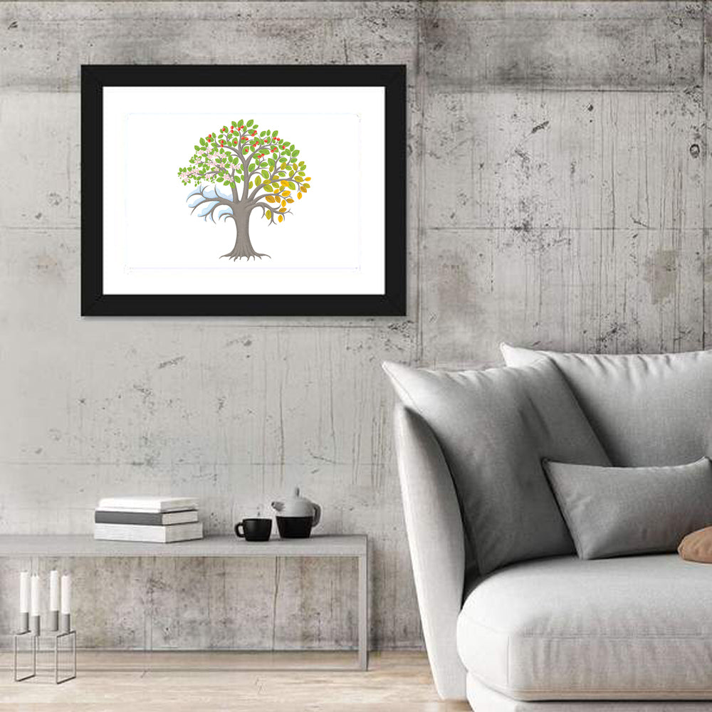 Minimalist Four Seasons Tree Wall Art in a room, landscape