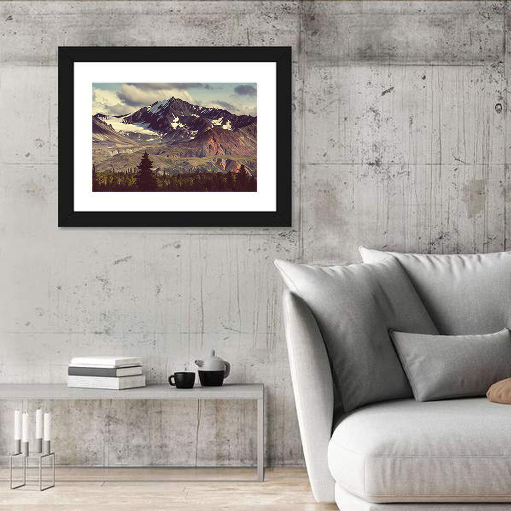 Snow Capped Alaska Peak Wall Art in a room, landscape