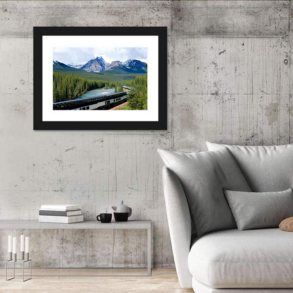 Glass Roof Train in Canadian Rockies Wall Art in a room, landscape