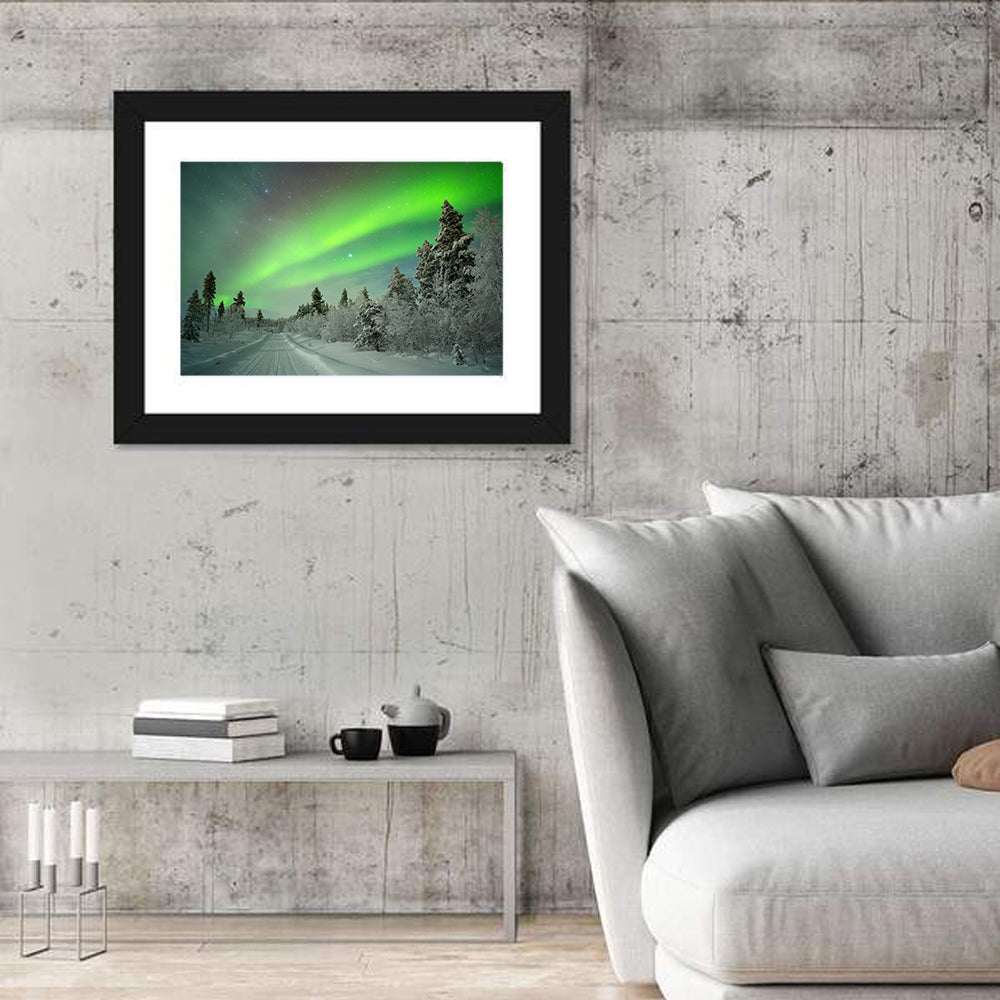Aurora Over Snowy Forest Road Wall Art in a room, landscape