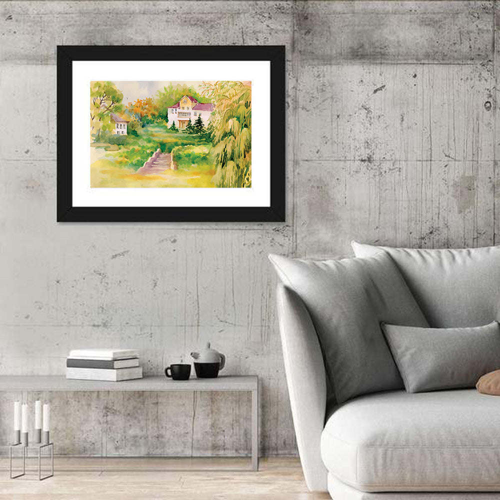 Hilltop House in Garden Illustration Wall Art in a room, landscape
