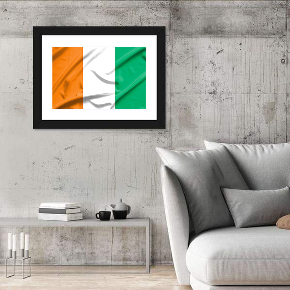Ivory Coast Flag Rippled Tricolor Wall Art in a room, landscape