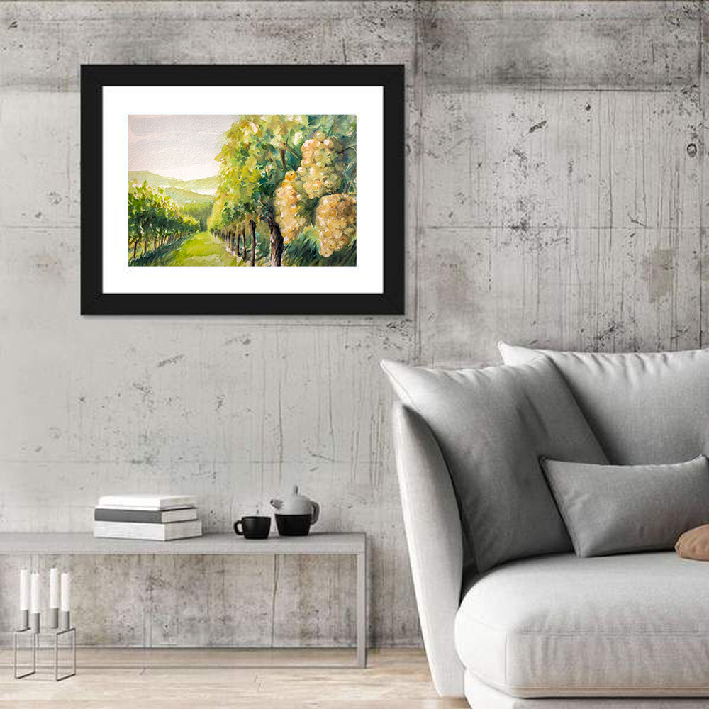 Sunlit Vineyard Watercolor Wall Art in a room, landscape