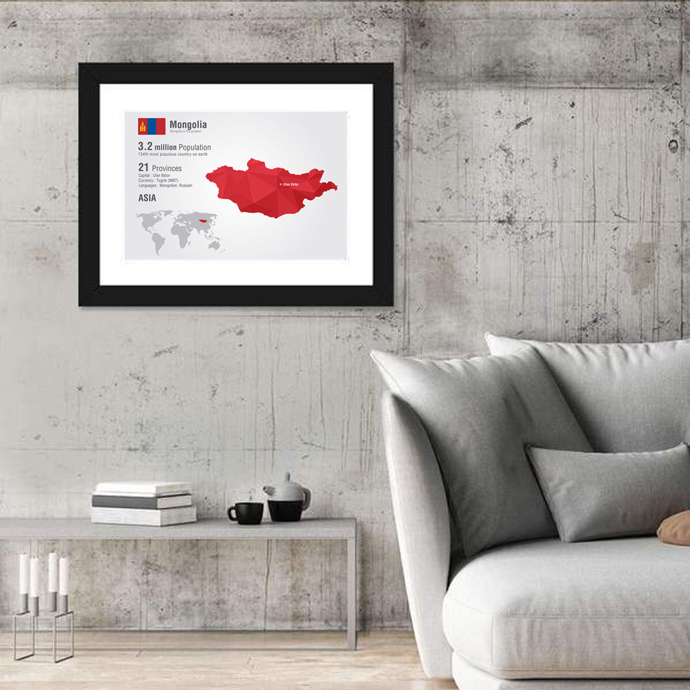 Mongolia Low-poly Map Wall Art in a room, landscape