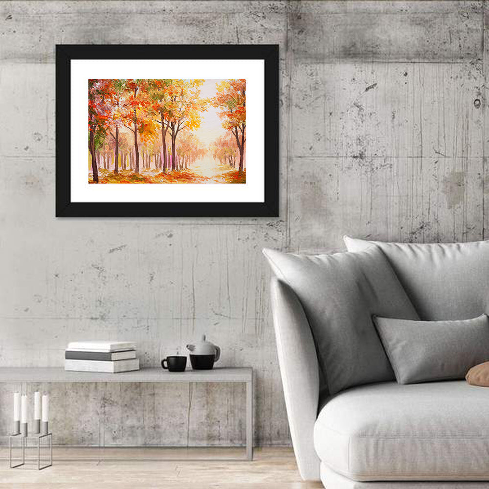 Colorful Autumn Forest Wall Art in a room, landscape