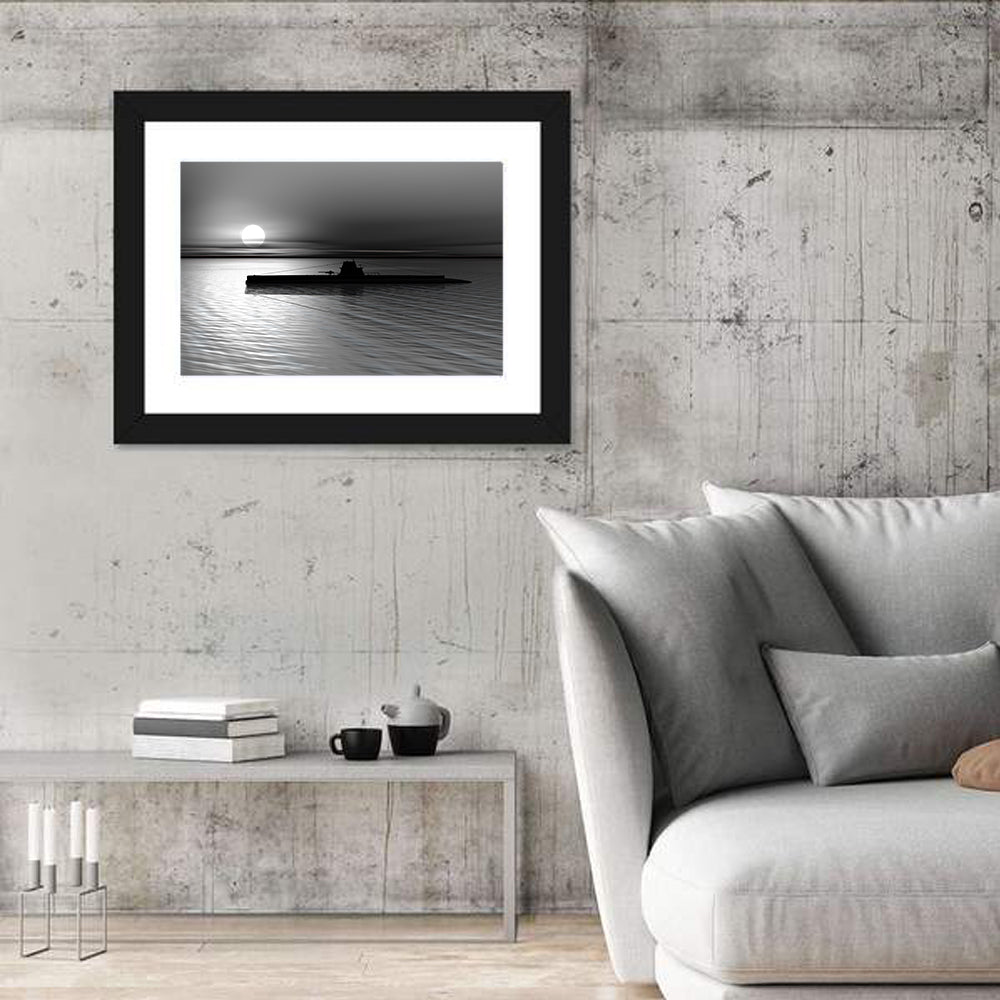 Submarine Silhouette at Dusk Wall Art in a room, landscape