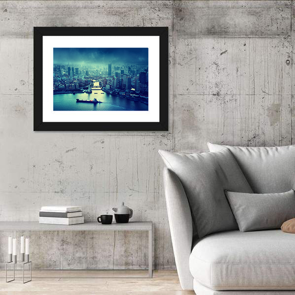 Shanghai Skyline at Sunset Wall Art in a room, landscape