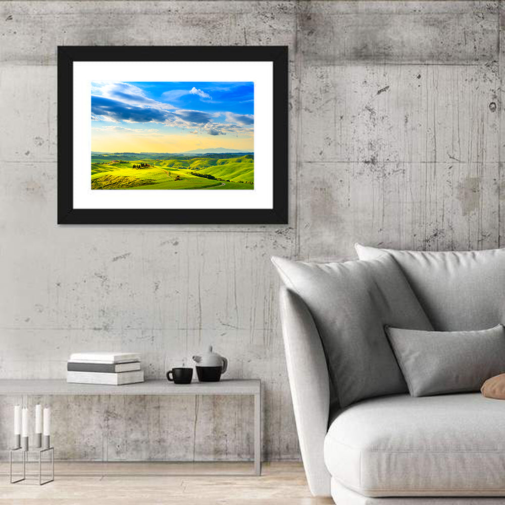 Cypress Farmhouse at Golden Hour Wall Art in a room, landscape