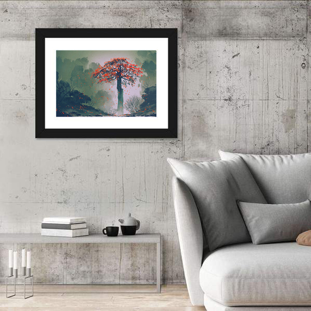 Misty Red Autumn Tree Wall Art