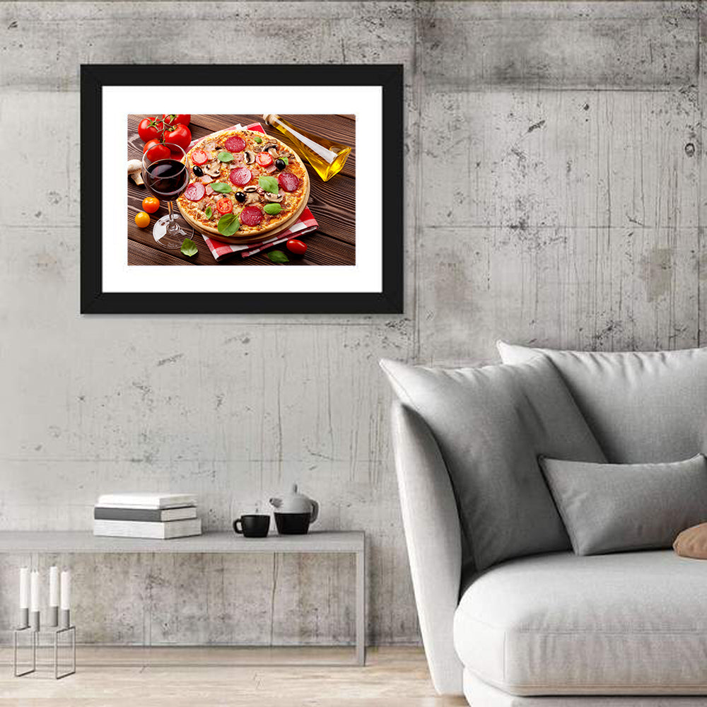 Rustic Italian Pizza Still Life Wall Art in a room, landscape