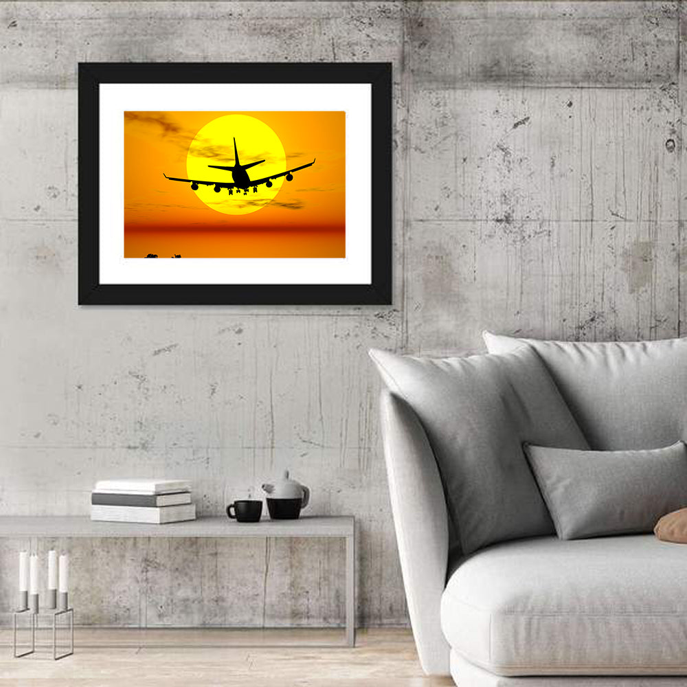 Airplane Silhouette at Sunset Wall Art in a room, landscape