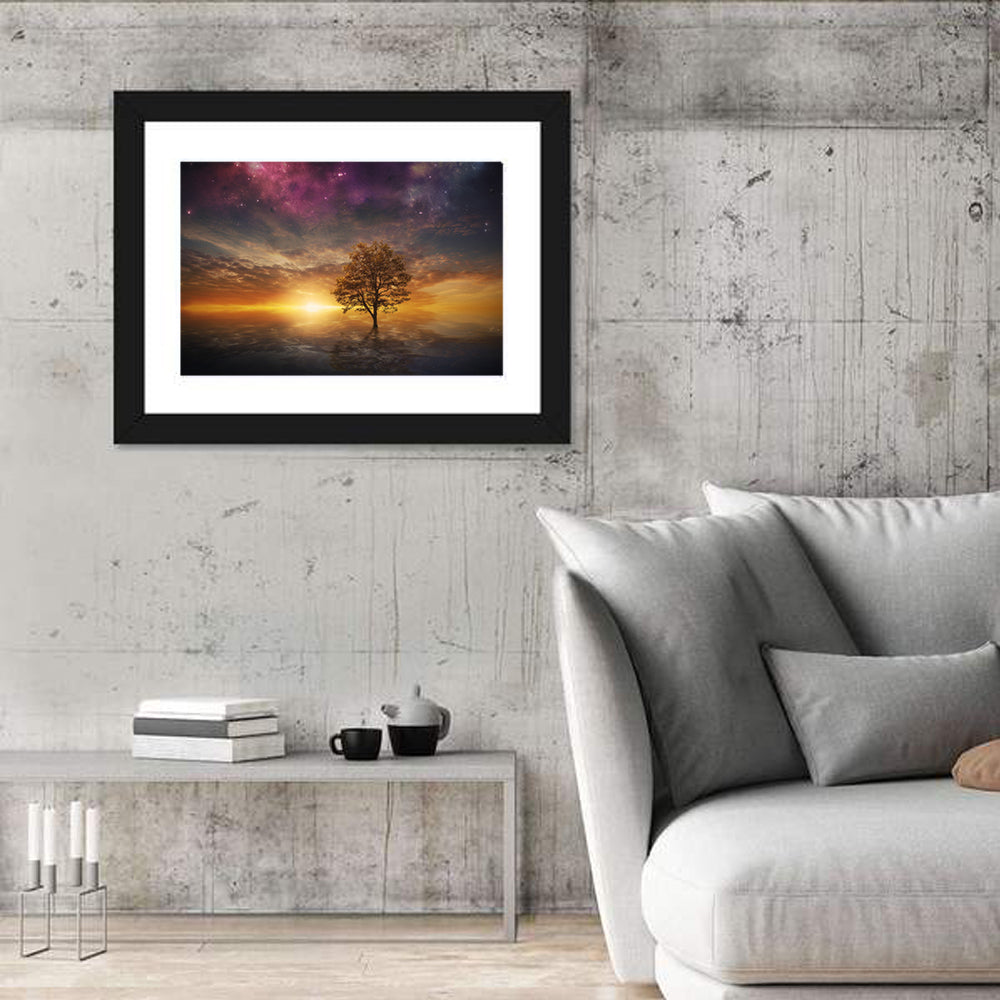 Surreal Tree Over Reflective Lake Wall Art in a room, landscape