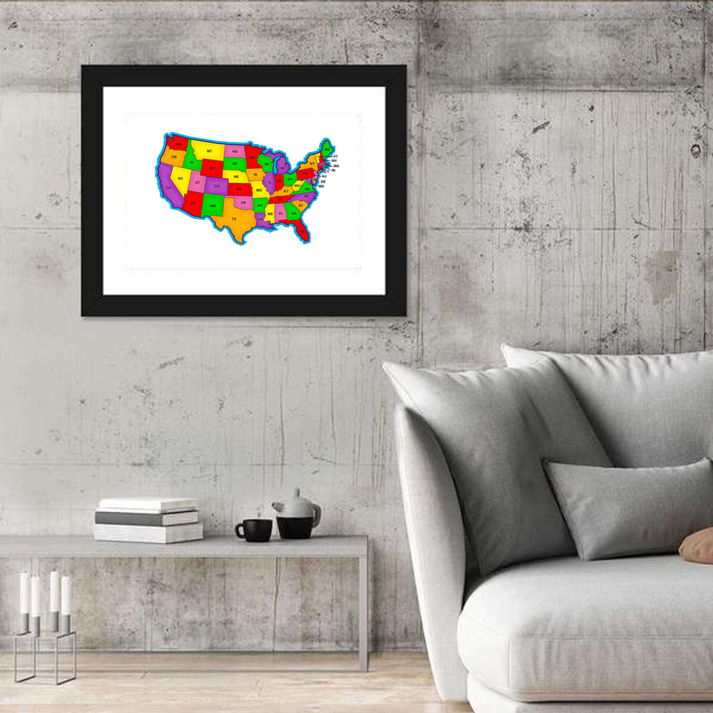 Bold United States Map Wall Art in a room, landscape