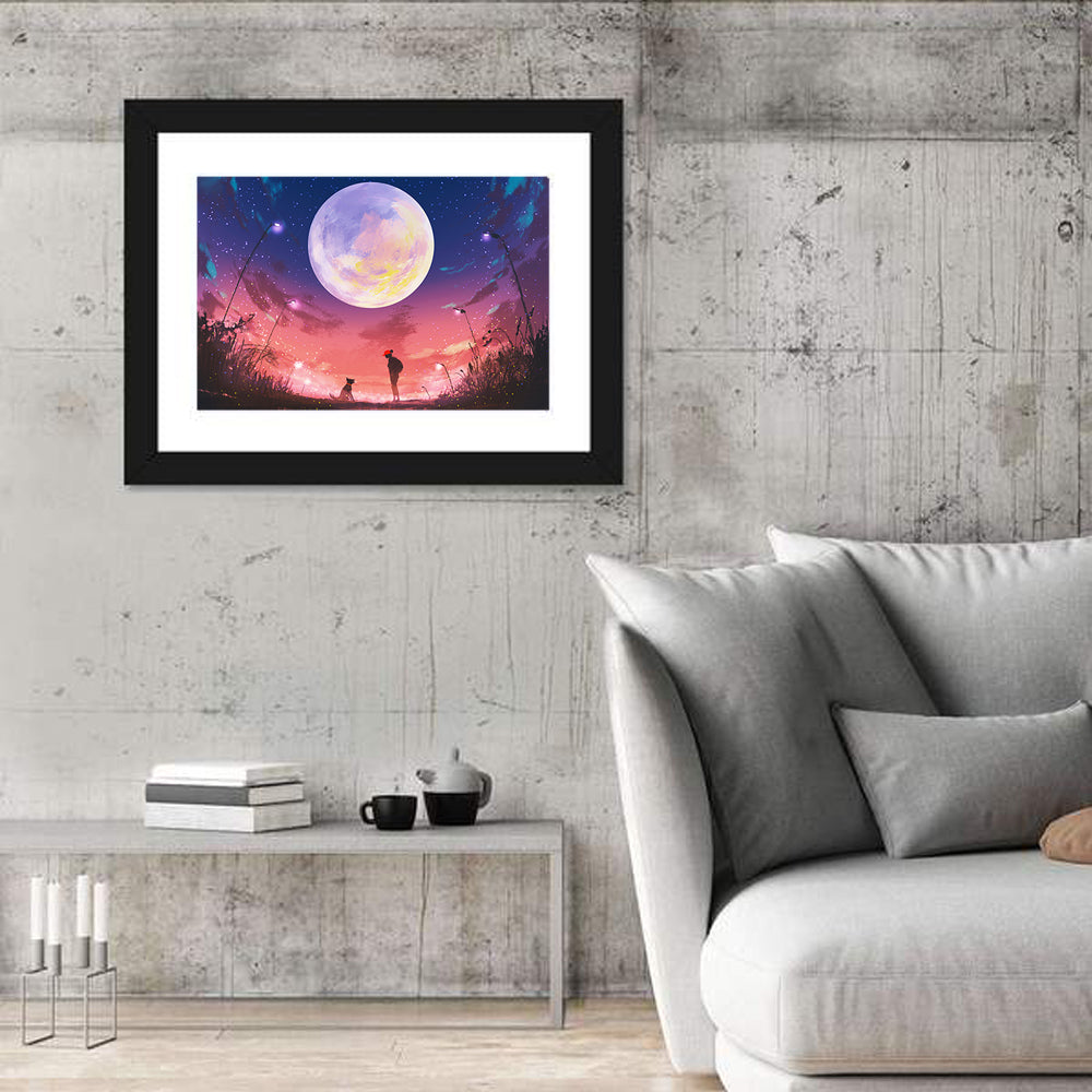 Woman and Dog Beneath Oversized Moon Wall Art
