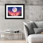 Woman and Dog Beneath Oversized Moon Wall Art