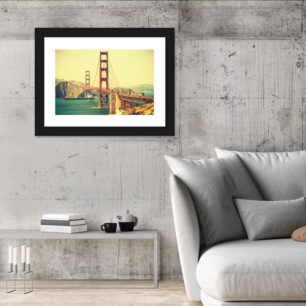 Golden Gate Bridge with Cargo Ship Wall Art in a room, landscape