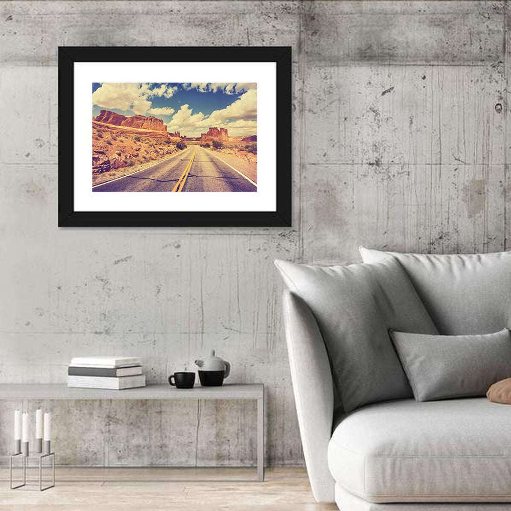 Vintage Desert Road USA Wall Art in a room, landscape