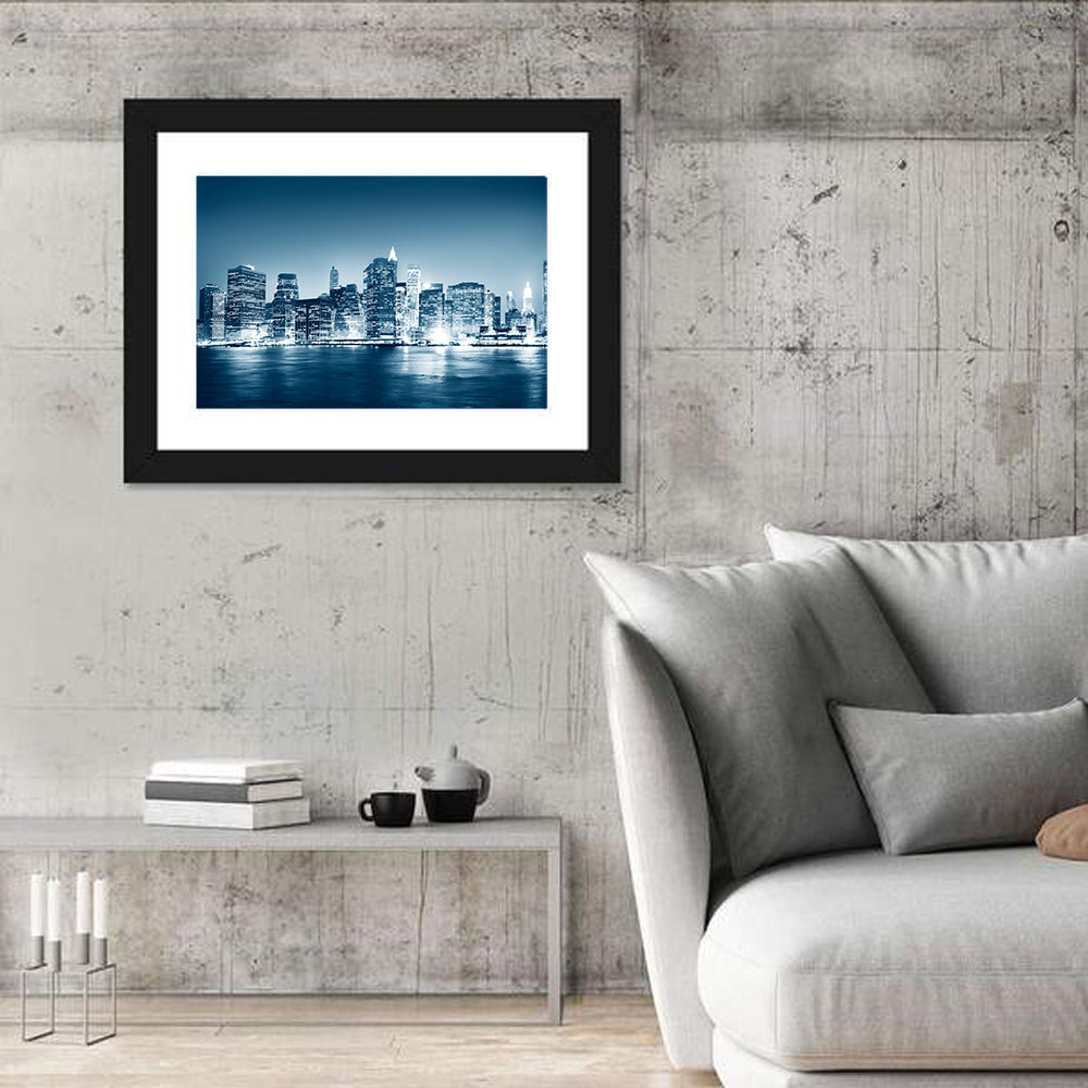 New York Night Skyline Reflection Wall Art in a room, landscape