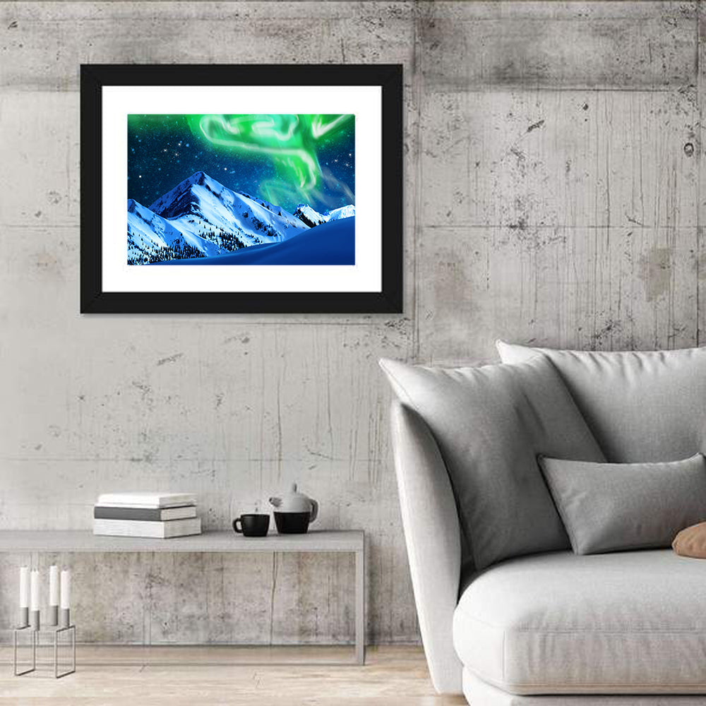Glowing Aurora Over Snow Capped Mountains Wall Art in a room, landscape