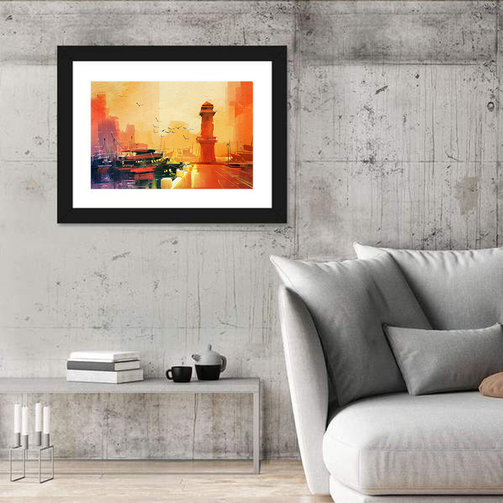 Golden Harbor Lighthouse and Fishing Boat Wall Art