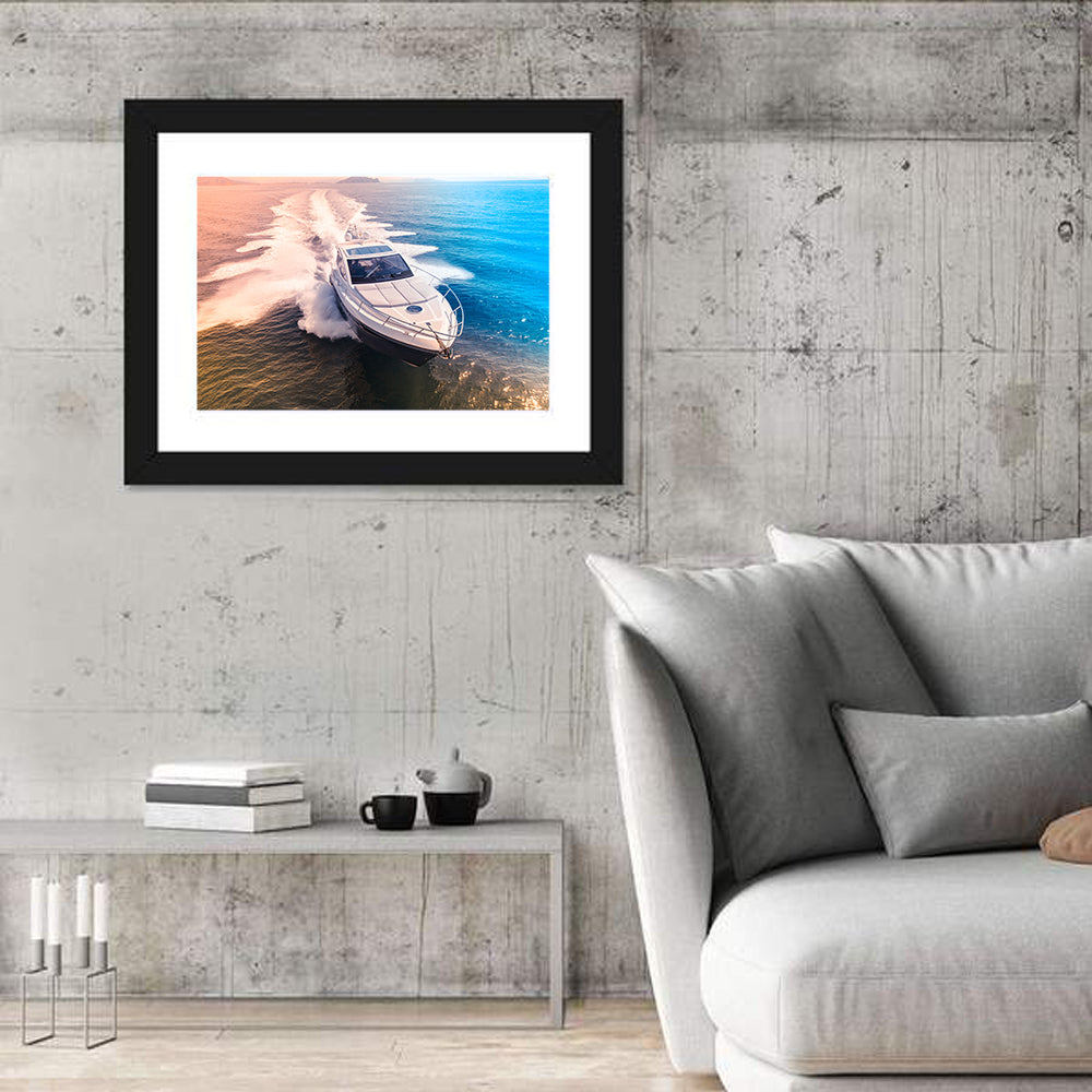 Luxury Motorboat in Motion Wall Art in a room, landscape