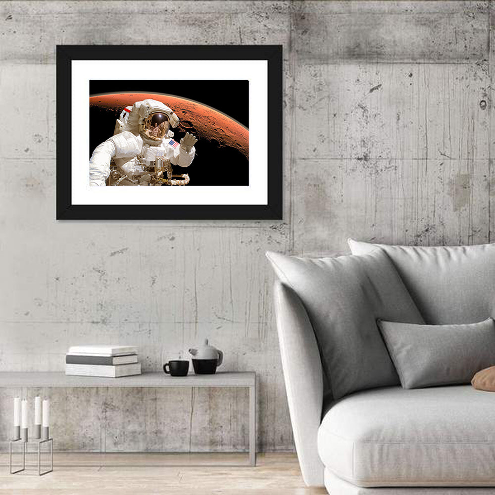 Astronaut with Gold Visor on Mars Wall Art in a room, landscape