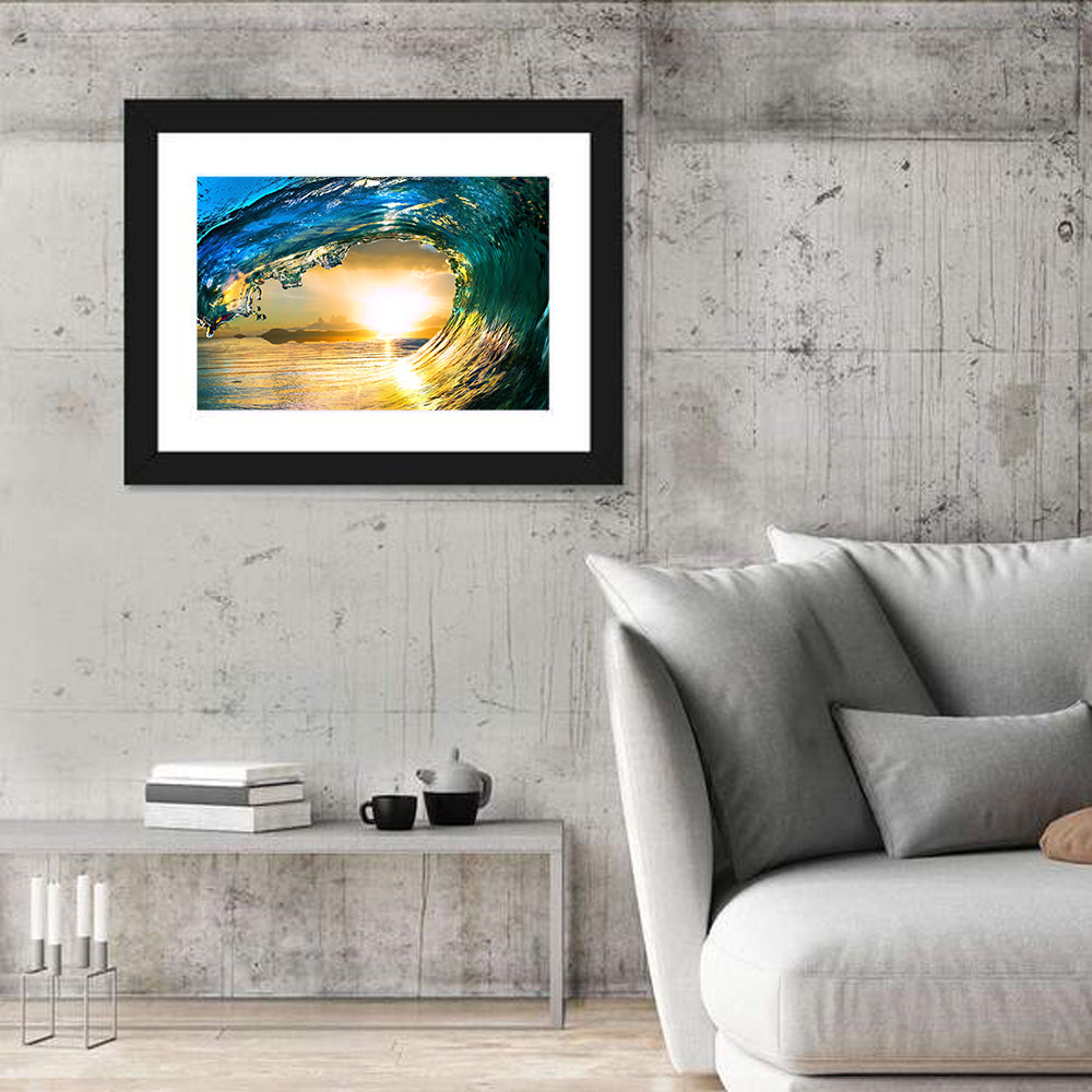 Sunset Wave Tunnel Wall Art in a room, landscape