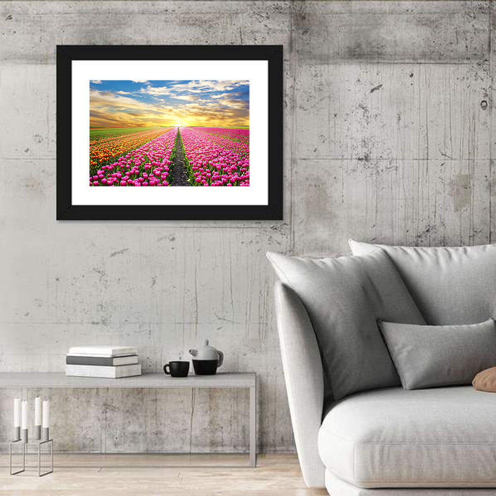 Sunrise Over Tulip Field Wall Art in a room, landscape